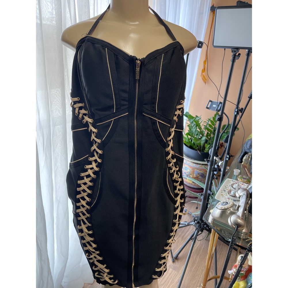 Fashion Nova Black Lace Up Side Zip Front Halter Bodycon Mini Dress 1X